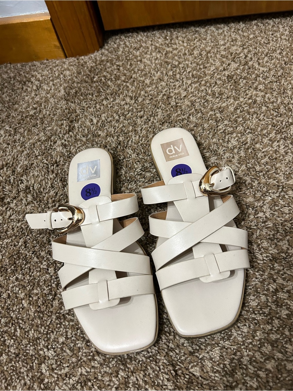 DV by Dolce Vita Cream Crisscross Slide Sandals with Gold Buckle